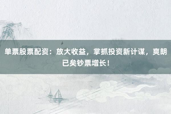 单票股票配资：放大收益，掌抓投资新计谋，爽朗已矣钞票增长！